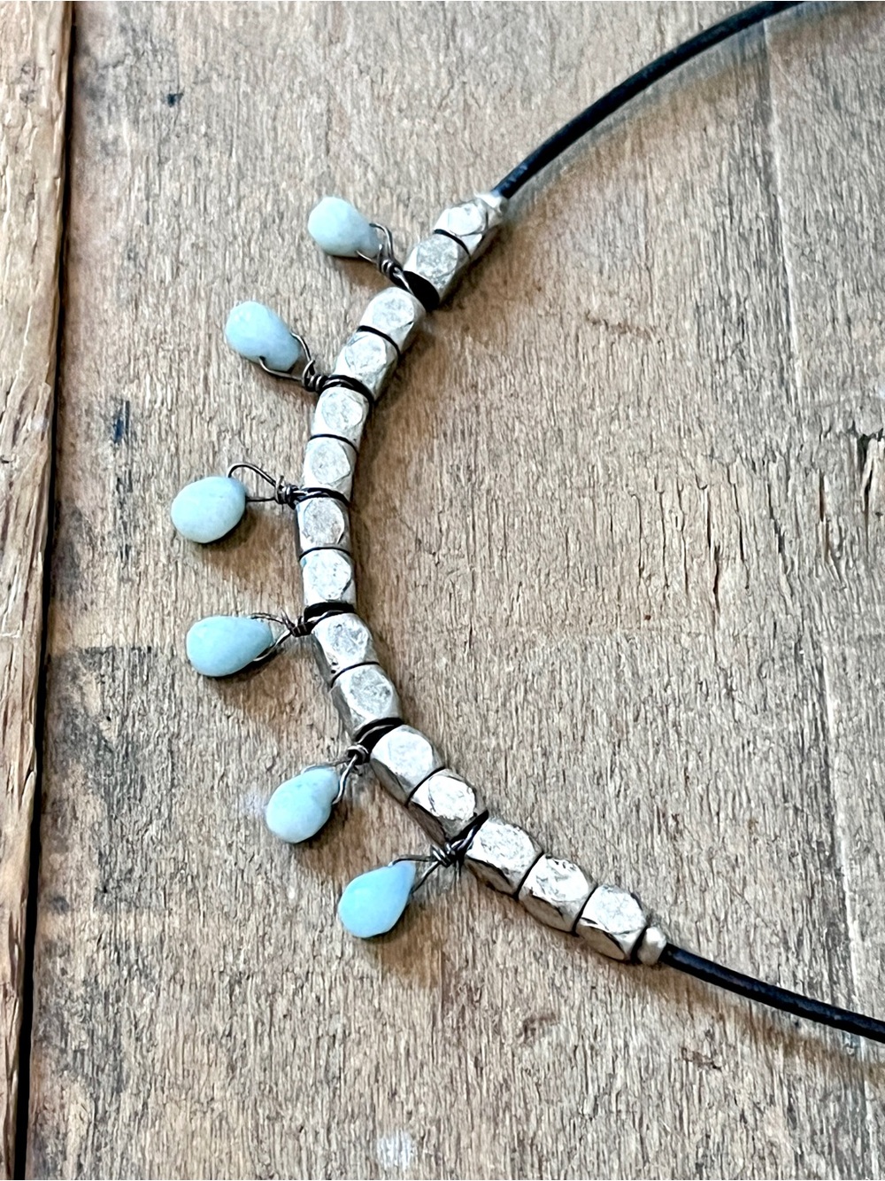 Fossil Amazonite Nugget Drops Leather Cord Silver Cube Necklace 20” - Picture 1 of 4